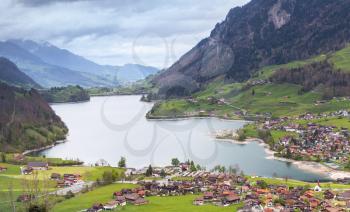 Rural Swiss landscape. Lungern village in spring time