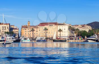 Ajaccio port. Cityscape with moored yachts and pleasure boats , Corsica island, France