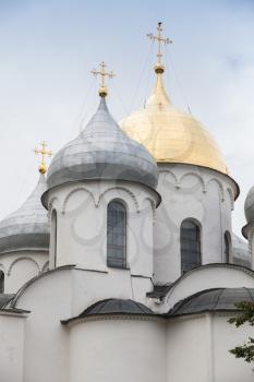 Domes of St. Sophia Cathedral, close up. Veliky Novgorod, Russia