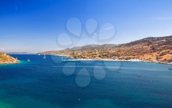 Panoramic coastal landscape, port of Agios Nikolaos. Zakynthos island, Greece. Popular touristic destination