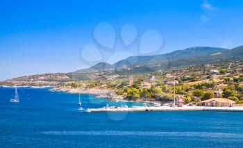 Panoramic seascape, port of Agios Nikolaos. Zakynthos island, Greece. Popular touristic destination