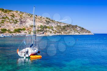 Sailing yacht moored in Agios Nikolaos bay. Zakynthos island, Greece
