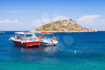 Pleasure boats moored in Agios Nikolaos. Zakynthos island, Greece. Popular touristic destination