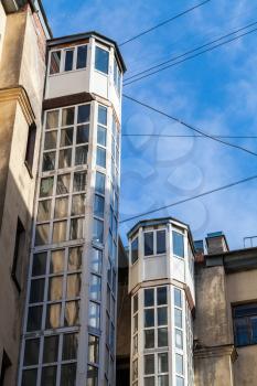 External lifts, typical structures of old St. Petersburg, Russia