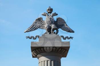 Two-headed eagle, Russian coat of arms with a rider on board. Symbol of imperial Russia. Decoration of Summer Garden fence. Built in 1825 by architect L.I. Sharleman. St. Petersburg, Russia