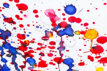 Colorful paint splashes artistic pattern over white paper, background photo texture