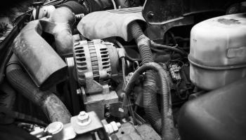 SUV motor, sport utility vehicle car engine, black and white photo