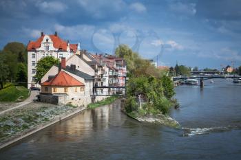 Regensburg in bright summer day, Danube River, Germany