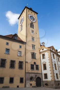 Regensburg clock tower, Germany. The Oldest Town on the Danube River