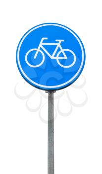 Bicycle lane, round blue road sign isolated on white background