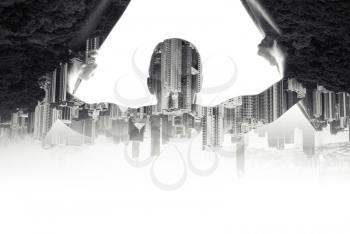 Double exposure concept collage. Man opens curtains on window to the modern cityscape background