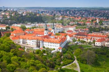 Panoramic view of Prague with Strahov Monastery in sunny summer day