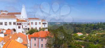 Panoramic landscape with The Palace of Sintra. Town Palace is located in Sintra, Lisbon District, Portugal