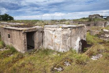 Old abandoned concrete bunker from WWII period on Totleben fort island in Gulf of Finland near Saint-Petersburg in Russia