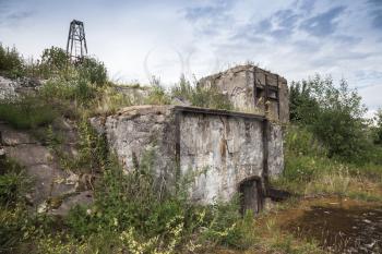 Old abandoned concrete bunker from WWII period on Totleben fort in Gulf of Finland near Saint-Petersburg in Russia