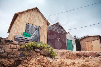 Wooden barns on the beach of Porto Santo island in the Madeira archipelago, Portugal