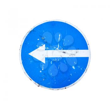 Go left, round blue road sign with arrow isolated on white background