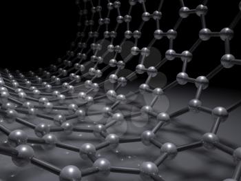 Zigzag carbon nanotube. Hexagonal molecular structure on black background, 3d illustration