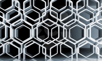 Abstract white honeycomb ornamental background, blue toned 3d illustration