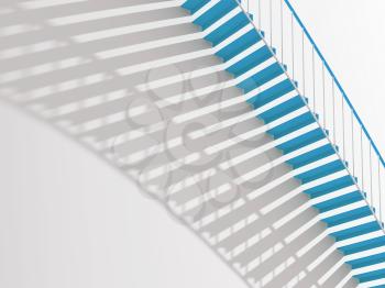 Contemporary architecture background, blue metal stairs with shadow pattern over white blank wall, 3d render illustration