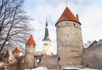 Ancient stone fortress and tall cathedral. Old Tallinn view, Estonia