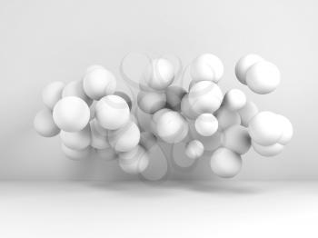 Cloud of spheres flying in abstract white room. Digital background, 3d render illustration