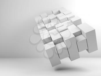 Abstract white random extruded boxes object in empty interior background. 3d render illustration