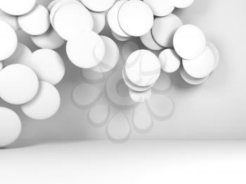 White round objects flying in abstract empty room. Digital background, 3d render illustration