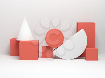 Abstract digital still life with primitive geometric shapes on white background. 3d render illustration