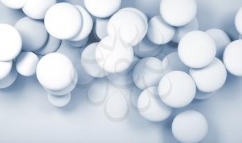 Cloud of white abstract spherical objects. Digital background, blue toned 3d render illustration
