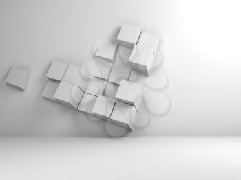Abstract white room interior background with  random extruded cubes installation on empty wall. Front view, 3d illustration