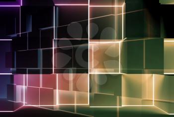 Abstract dark colorful background with colorful glowing cubes installation. 3d illustration