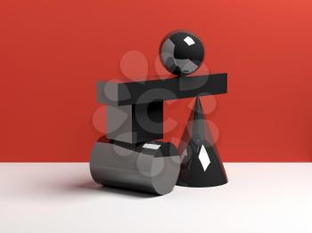 Abstract equilibrium concept, installation of glossy black primitive geometric shapes over red wall background. 3d render illustration