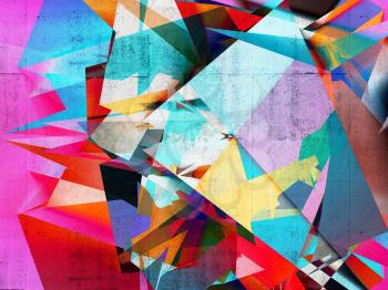 Abstract bright colorful chaotic polygonal structure over concrete wall background texture, 3d render illustration