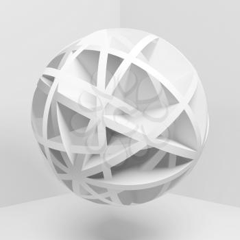 Abstract white spherical object flying in empty room, square 3d rendering illustration