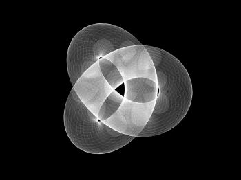 White wire-frame torus knot, geometrical representation of parametric surface isolated on black background. 3d rendering illustration