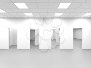 White empty office with blank doors, abstract interior background, 3d rendering illustration