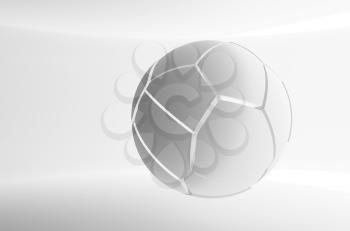 Abstract white flying spherical object with chaotic fragmentation is in an empty white interior, 3d rendering illustration