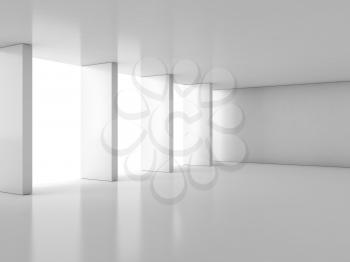 Abstract empty white hall interior with columns near light window, minimal architecture background, 3d rendering illustration