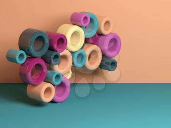 Abstract colorful still life installation, shiny plastic tubes cluster. 3d rendering illustration