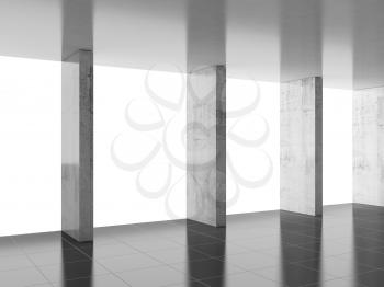Abstract empty interior with columns near light window, minimal architectural background, 3d rendering illustration