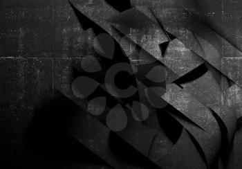 Abstract minimal black background, chaotic installation with rough concrete pattern, 3d rendering illustration 