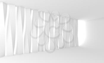 Abstract empty room with decorative columns installation, blank white interior background, 3d rendering illustration
