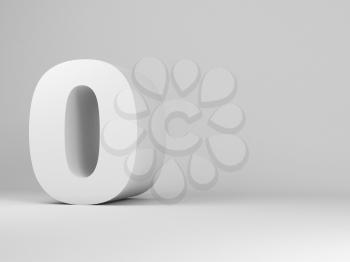 White zero digit installation in an empty studio room, 3d rendering illustration 