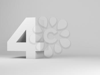 White digit four installation in an empty studio room, 3d rendering illustration 