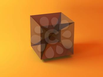 Abstract geometric installation, shiny black cube crystal over yellow background. 3d rendering illustration