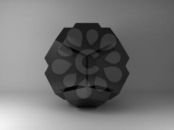 Abstract shiny black geometric object over light gray background with soft shadow, 3d rendering illustration