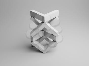Abstract white equilibrium still life installation with tower of balancing corners standing on light gray background. 3d rendering illustration