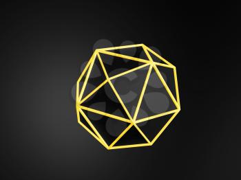 Abstract black schematic atom object with glowing yellow edges is over dark background, 3d rendering illustration