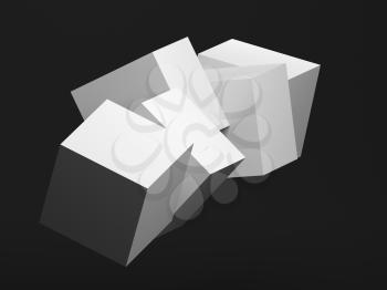 Abstract installation of five white cubes in an empty black room. 3d rendering illustration